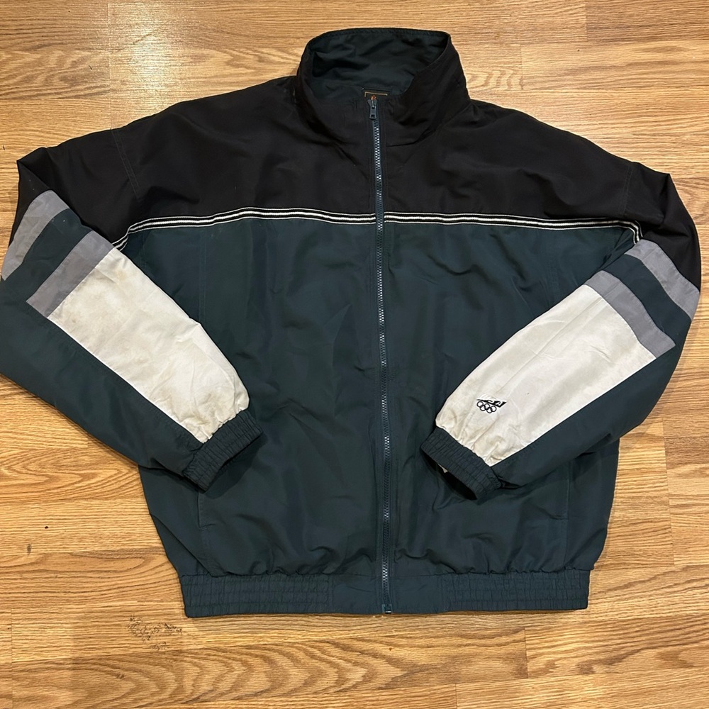 Men's Dark Green and Black Windbreaker Jacket with Contrasting Sleeves